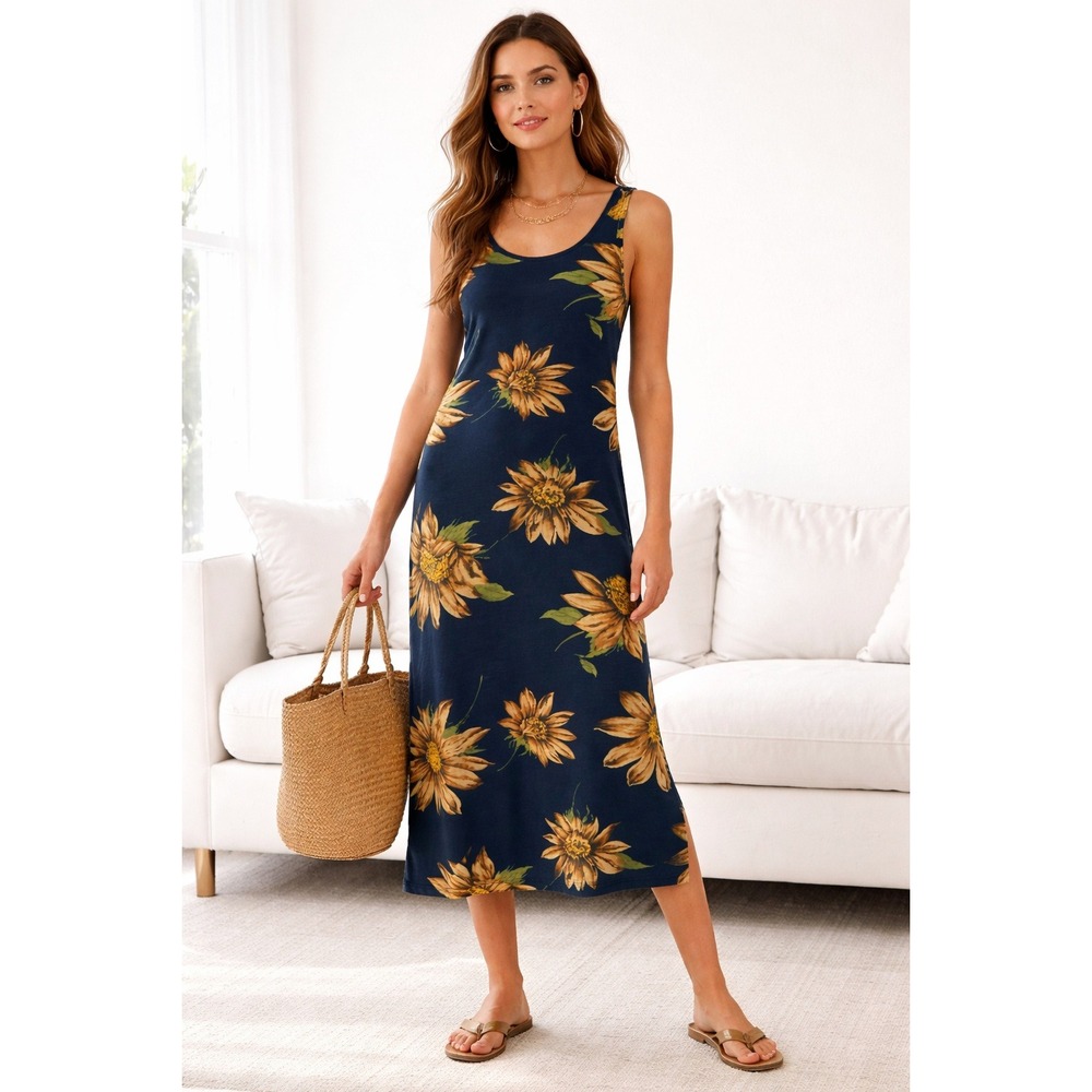 VTG‎ 90s HALLA Sunflower Boho Floral Midi Dress Resort Beach Vacation Flowy Sz S
